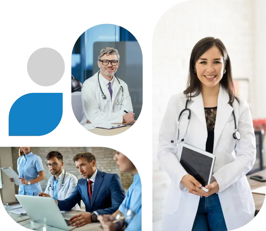 Healthcare Professionals Using Medical Billing Software – Support & Queries Assistance Healthcare professionals using medical billing software, featuring doctors and support staff ready to assist with billing queries.