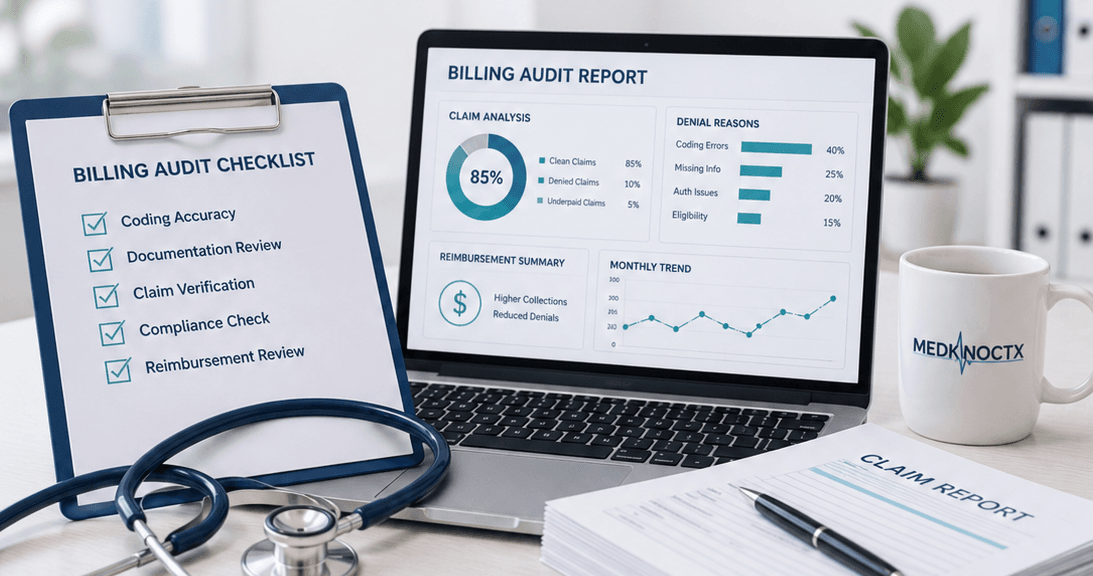 Medical Billing Audit Services Medical billing audit workspace featuring a billing audit checklist, claim analysis dashboard, reimbursement reports, and Mediknocx branding to improve coding accuracy, compliance, and revenue cycle performance.